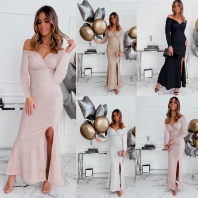 Winter Elegant Silver Swewtheart Off Shoulder Long Sleeve Slit Evening Dress