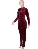 Winter Sexy Wine Red Ruched Zip Long Sleeve Top and High Waist Pants Set Wholesale Two Piece Clothing