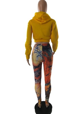 Winter Casual Yellow Long Sleeve Cropped Hoodies and Printed Sweatpants Wholesale Two Piece Set