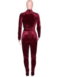 Winter Sexy Wine Red Ruched Zip Long Sleeve Top and High Waist Pants Set Wholesale Two Piece Clothing