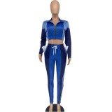 Spring Sexy Blue Color Block Zipper Long Sleeve Cropped Top and Sweatpants Cheap 2holesale Two Piece Sets