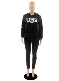 Winter Casual Sport Black Embroidered Fleece Hoodies and Sweatpants Two Piece Set Wholesale Sportswear Usa