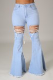 Spring Casual Light Blue High Waist Lace-up Flare Denim Jeans