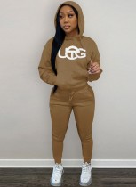 Winter Casual Sport Brown Embroidered Fleece Hoodies and Sweatpants Two Piece Set Wholesale Sportswear Usa