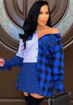 Spring Casual Blue Plaid Patch Long Sleeve Button Up Blouse Dress