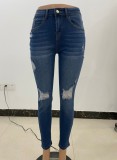 Spring Sexy Blue High Waist Ripped Hole Slim Elasticity Jeans