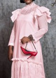 Spring Sexy Pink Straps Hollow Out Ruffled Long Sleeve Two Piece Casual Dress Set