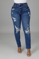 Spring Sexy Blue High Waist Ripped Hole Slim Elasticity Jeans