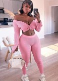 Spring Sexy Pink Round Neck Zipper Long Sleeve Knitted Top and Skinny Pants Two Piece Set Wholesale 2 Piece Outfits