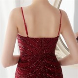 Elegant Red Shining Sequins V Neck Strapless Slim Formal Cocktail Party Gown