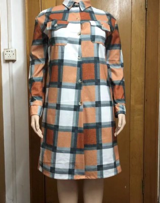 Winter Casual Orange Plaid Turndown Collar Long Sleeve Loose Blouse Coat