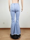 Spring Casual Light Blue High Waist Lace-up Flare Denim Jeans