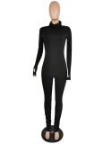 Winter Casual Solid Black High Neck Long Sleeve Slim Top and Ruched Pants Set Wholesale 2 Piece Sets