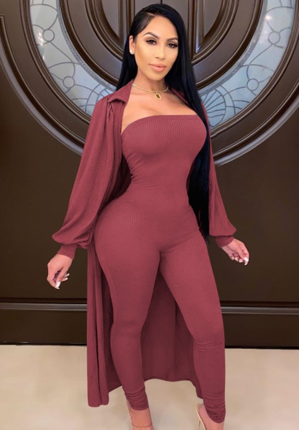 Spring Sexy Wine Red Strapless Slim Jumpsuit and Puff Sleeve Long Coat Set Cheap Wholesale Two Piece Sets