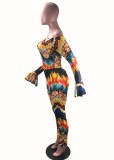 Spring Sexy Printed Off Shoulder Flare Long Sleeve Slim Jumpsuit