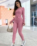 Spring Sexy Pink Round Neck Zipper Long Sleeve Knitted Top and Skinny Pants Two Piece Set Wholesale 2 Piece Outfits