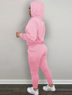 Winter Casual Sport Pink Embroidered Fleece Hoodies and Sweatpants Two Piece Set Wholesale Sportswear Usa