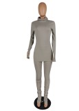 Winter Casual Solid Gray High Neck Long Sleeve Slim Top and Ruched Pants Set Wholesale 2 Piece Sets