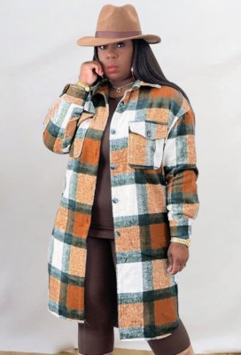 Winter Casual Orange Plaid Turndown Collar Long Sleeve Loose Blouse Coat