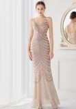 Elegant Golden Shining Sequins V Neck Strapless Slim Formal Cocktail Party Evening Gown