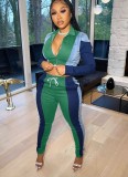Spring Sexy Green Color Block Zipper Long Sleeve Cropped Top and Sweatpants Cheap 2holesale Two Piece Sets