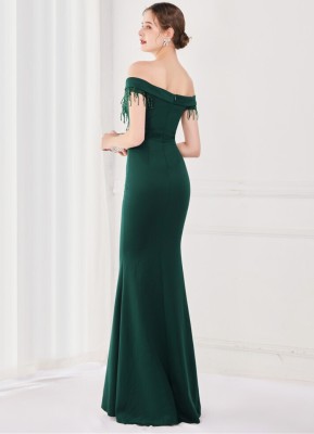 Elegant Green Fringe Tassels Off Shoulder Formal Mermaid Evening Dress