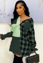 Spring Casual Green Plaid Patch Long Sleeve Button Up Blouse Dress
