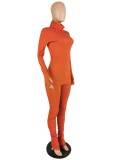 Winter Casual Solid Orange High Neck Long Sleeve Slim Top and Ruched Pants Set Wholesale 2 Piece Sets