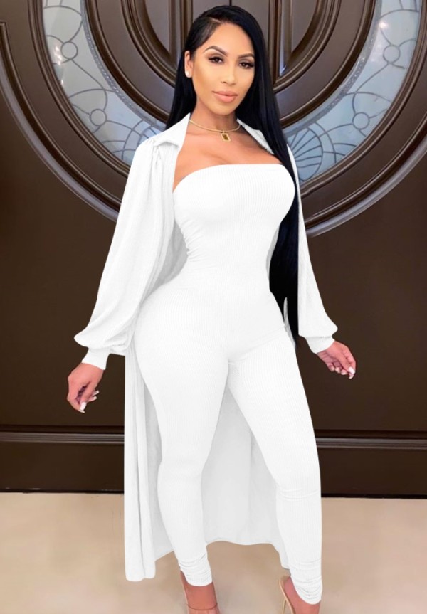 Spring Sexy White Strapless Slim Jumpsuit and Puff Sleeve Long Coat Set Cheap Wholesale Two Piece Sets