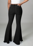 Spring Casual Black High Waist Lace-up Flare Denim Jeans
