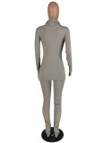 Winter Casual Solid Gray High Neck Long Sleeve Slim Top and Ruched Pants Set Wholesale 2 Piece Sets