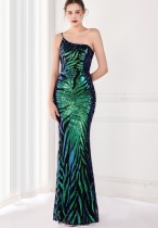 Summer Elegant Green One Shoulder Sleeveless Sequins Mermaid Evening Dress