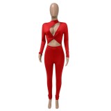 Spring Sexy Red Cut Out Long Sleeve Jumpsuit