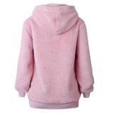 Winter Casual Pink Fleece Zipper Long Sleeve Hooded Top