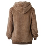 Winter Casual Brown Fleece Zipper Long Sleeve Hooded Top