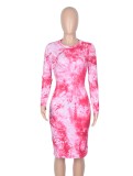 Spring Tie Dye Print Round Neck Long Sleeve Slim Midi Dress