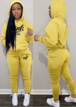 Winter Sportwear Yellow Letter Print Long Sleeve Hoodies And Pant Wholesale Two Piece Sets