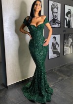 Summer Elegant Green Shortsleeve Sequins Mermaid Evening Dress