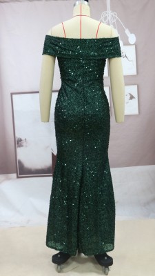 Summer Elegant Green Shortsleeve Sequins Mermaid Evening Dress