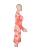 Spring Tie Dye Print Round Neck Long Sleeve Slim Midi Dress