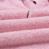 Winter Casual Pink Fleece Zipper Long Sleeve Hooded Top