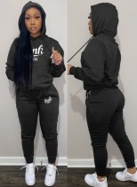 Winter Sportwear Black Letter Print Long Sleeve Hoodies And Pant Wholesale Two Piece Sets