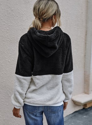 Winter Casual Black Contrast Fleece Zipper Long Sleeve Hooded Top