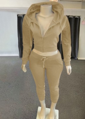 Winter Casusal Kahaki Solid Zipper Long Sleeve Hoodies And Pant Wholesale 2 Piece Sets