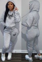 Winter Sportwear Grey Letter Print Long Sleeve Hoodies And Pant Wholesale Two Piece Sets