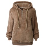 Winter Casual Brown Fleece Zipper Long Sleeve Hooded Top