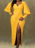 Winter Sexy Yellow Irregular Collar Puffed Long Sleeve Slit Long Dress