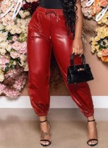 Winter Red High Waist Pu Leather Pant