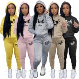Winter Sportwear Blue Letter Print Long Sleeve Hoodies And Pant Wholesale Two Piece Sets
