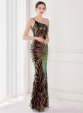 Summer Elegant Black One Shoulder Sleeveless Sequins Mermaid Evening Dress